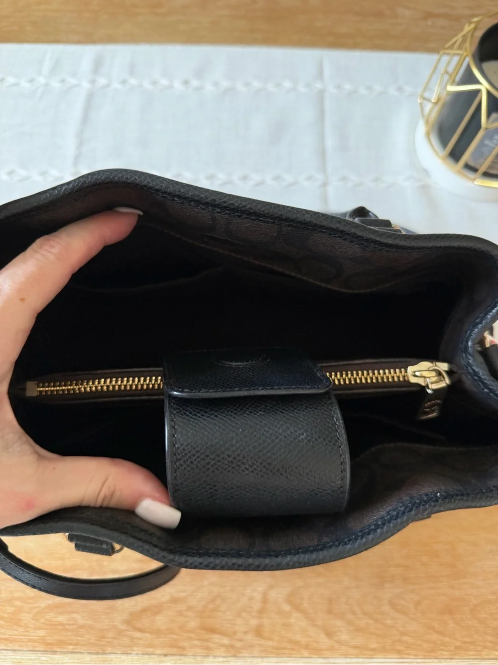 Coach Dark Brown Signature Satchel with Black Trim